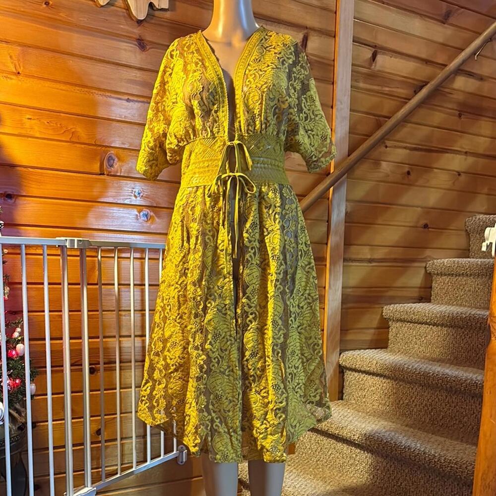 Yellow Midi‎ Sundress/Cover with Flutter Sleeves and Plunge Neckline